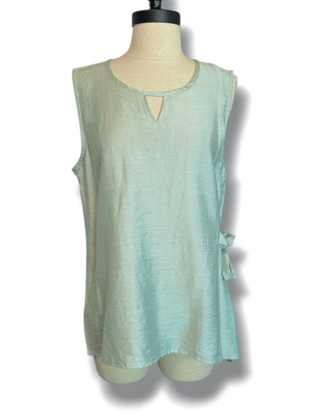 Pastel Green Sleeveless Side Tie Pleated Satin Tank Top Blouse Large